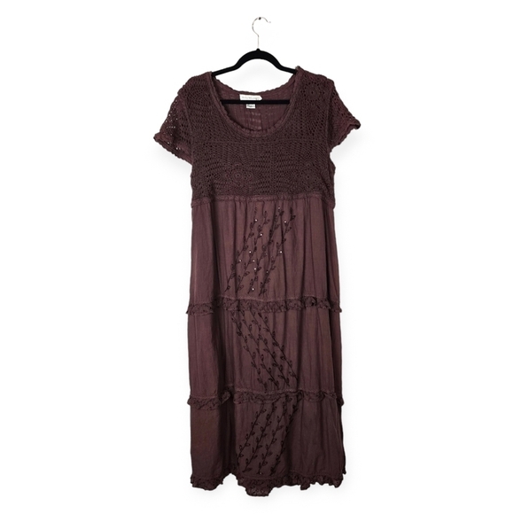 Vintage Anna Maxwell Brown Crochet Embroidered Sequin Tiered Hippie Midi Dress - Picture 1 of 8